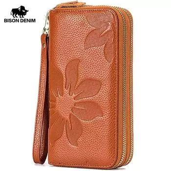 BISON DENIM Модный женский кошелек из натуральной кожи Длинный кошелек-клатч на двойной молнии с держателем для карт чёрный
