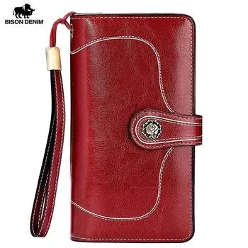 BISON DENIM модный женский кошелек с RFID-блокировкой, длинный кожаный кошелек большой емкости на молнии, клатч, держатель для карт синий