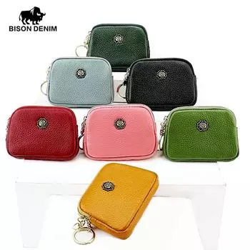 BISON DENIM Модный женский маленький кошелек из натуральной кожи на молнии чёрный