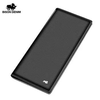 BISON DENIM Роскошные мужские кошельки из натуральной кожи, длинные тонкие двойные кошельки с держателем для кредитных карт, кошелек-кошелек чёрный
