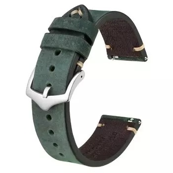 [BISONSTRAP] 22mm Watch Band Military Crazy Horse Leather Watch Replacement Strap Quick Release Replacement Band Dark GreenSilver Buckle