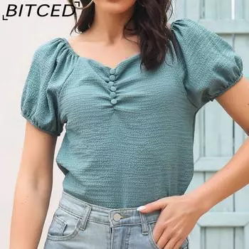 BITCED 3 цвета v-образный вырез с пышными рукавами плиссированные пуговицы украшенный шифоновый топ с короткими рукавами для женщин лето M белый