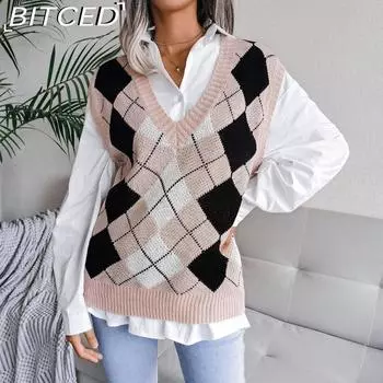 BITCED Осенне-зимний повседневный свободный вязаный жилет в студенческом стиле с бриллиантами и v-образным вырезом, женский джемпер S хаки