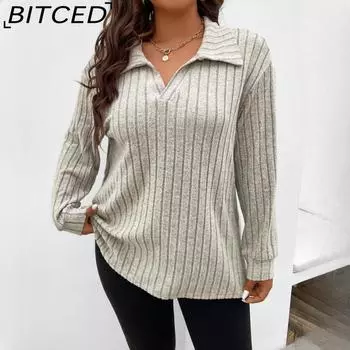 BITCED Осенне-зимняя однотонная женская футболка больших размеров с V-образным вырезом и длинными рукавами в полоску, устойчивая к истиранию XL чёрный