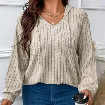 BITCED Autumn and Winter Solid Colour Plus Size Women s Tops V-neck Hooded Long-sleeved Pit-stripe Milled Loose T-shirt XL чёрный