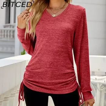BITCED Осенне-зимняя однотонная свободная футболка с длинным рукавом и V-образным вырезом для женщин S чёрный