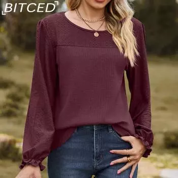 BITCED Autumn Winter Spliced Round Neck Loose Long Sleeve Casual T-shirt Top Woman S белый