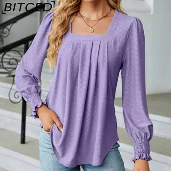 BITCED Осень/Зима Женская жаккардовая плиссированная квадратная воротниковая футболка с длинным рукавом и узором «ласточкин хвост» однотонная женская S чёрный