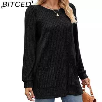 BITCED Осенне-зимняя женская свободная повседневная футболка с карманами и рукавами-фонариками для женщин S чёрный