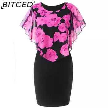 BITCED Черное сексуальное платье с прозрачной шалью и нежным цветочным принтом S красный