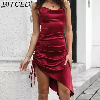 BITCED Цветное атласное атласное платье с открытой горловиной и завязками, нерегулярное платье с лямкой на спине с разрезом сзади, новое летнее платье для женщин XS бордовый