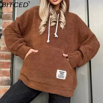 BITCED Фланелевой свободный пуловер с капюшоном и длинными рукавами, флисовая толстовка с капюшоном S хаки