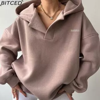BITCED Флисовая универсальная толстовка с капюшоном и принтом, с длинными рукавами и флисовой рубашкой с V-образным вырезом S