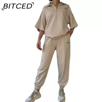 BITCED футболка с принтом и лацканами, мешковатый топ с короткими рукавами, лоскутный брючный костюм S абрикосовый