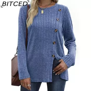 BITCED Футболка с пуговицами женская модная осенняя повседневная однотонная футболка с длинным рукавом женская S сапфировый