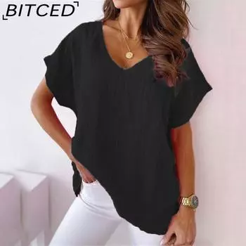 BITCED Футболка женская однотонная из хлопка и льна, повседневная, с коротким рукавом и V-образным вырезом, весна-лето S чёрный