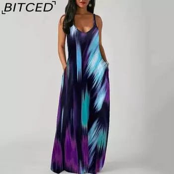 BITCED Элегантное модное платье длиной до пола без рукавов с V-образным вырезом, простое женское летнее платье в стиле ретро с принтом, свободная талия, прямое платье S