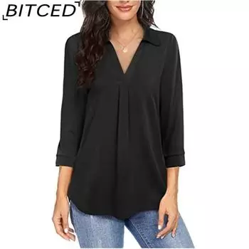 BITCED Элегантные женские шифоновые топы из сплошного шифона с V-образным вырезом и рукавом семь минут S чёрный