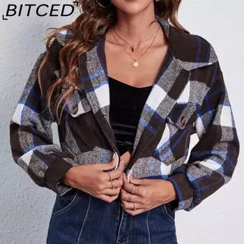 BITCED клетчатое шерстяное пальто с рукавами-фонариками и длинными рукавами для девочек, свободная укороченная куртка с кукольным воротником S