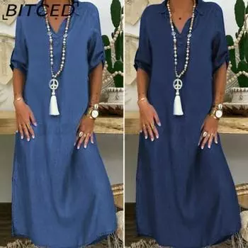 BITCED Летнее джинсовое платье для женщин, повседневные весенние синие макси-платья с V-образным вырезом и рукавом до локтя, большие размеры, длинные платья с разрезом M синий