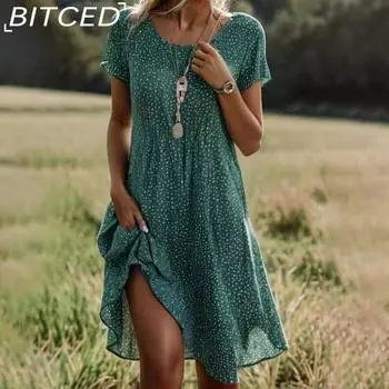 BITCED Летнее платье в литературном этническом стиле с большим круглым вырезом средней длины S красный