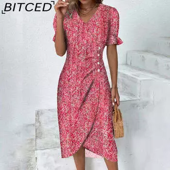 BITCED Летнее женское платье с геометрическим узором, рукавами-фонариками и неровным подолом S розы красного