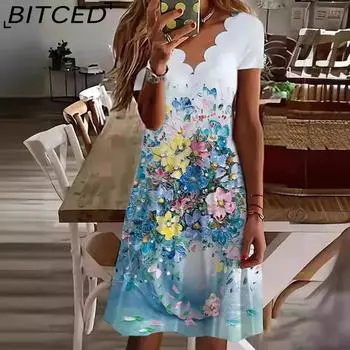 BITCED Летнее женское платье с принтом, V-образным вырезом и короткими рукавами S белый