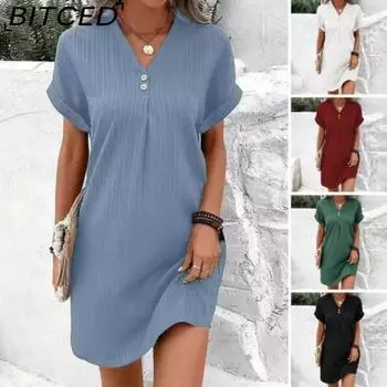 BITCED Летнее женское платье с V-образным вырезом на пуговицах с коротким рукавом, свободный однотонный пуловер, повседневная одежда, мини-платье S белый