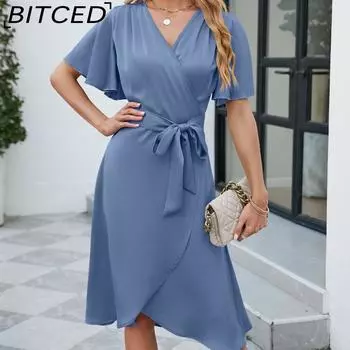 BITCED летнее женское удобное сексуальное платье с атласным v-образным вырезом, заправленной талией и расклешенными рукавами, новинка