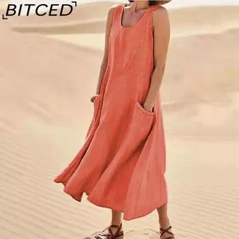 BITCED Летние женские хлопковые платья без рукавов с карманами и круглым вырезом S синий