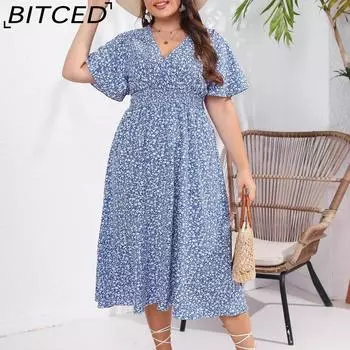 BITCED Летние женские платья больших размеров с v-образным вырезом, тонкие элегантные простые платья с короткими рукавами и цветочным принтом XL синий