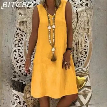 BITCED Летние женские платья-майки без рукавов с V-образным вырезом S хаки