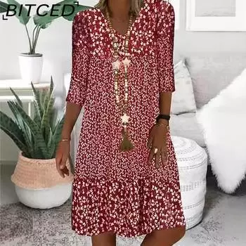 BITCED Летние женские платья миди с принтом и V-образным вырезом средней длины S коричневый