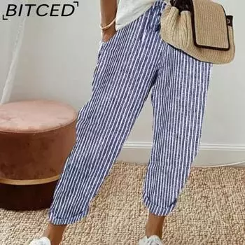 BITCED Летние женские повседневные брюки в полоску, свободные брюки с эластичной резинкой на талии S чёрный