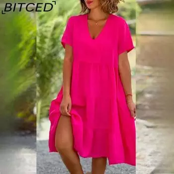BITCED Летние женские свежие милые однотонные повседневные короткие платья с V-образным вырезом S розы красного