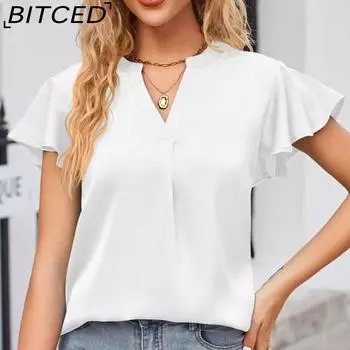 BITCED Летний женский атласный модный офисный топ с v-образным вырезом и рукавами лотоса