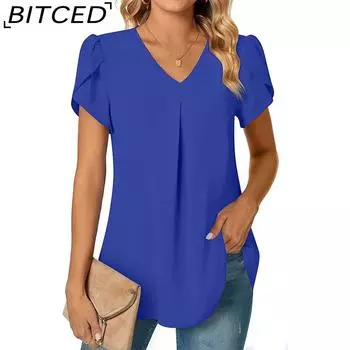 BITCED летняя однотонная лоскутная шифоновая футболка, топ, женская футболка с v-образным вырезом и коротким рукавом S чёрный