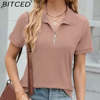BITCED летняя однотонная свободная футболка с лацканами и молнией, повседневный топ для женщин S белый