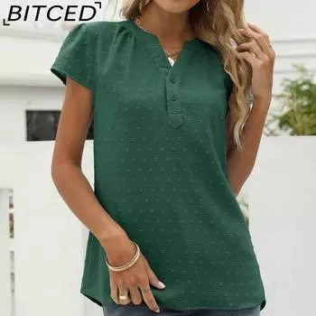 BITCED Летняя однотонная жаккардовая шифоновая рубашка, свободный пуловер с v-образным вырезом, топ с короткими рукавами