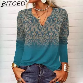 BITCED Лето Весна Женская Свободная Футболка с Длинным Рукавом Цветочный Манг V-образным Вырезом Нижняя Рубашка S