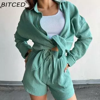 BITCED Женский комплект с рубашкой и шортами с длинными рукавами S фиолетовый