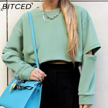 BITCED Модная простая свободная толстовка с капюшоном с круглым вырезом и принтом для женщин S зелёный