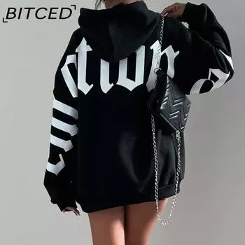 BITCED Модная универсальная свободная женская толстовка с длинными рукавами и принтом S чёрный