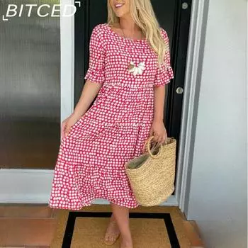 BITCED Модные женские летние платья с коротким рукавом и принтом O-образным вырезом S чёрный