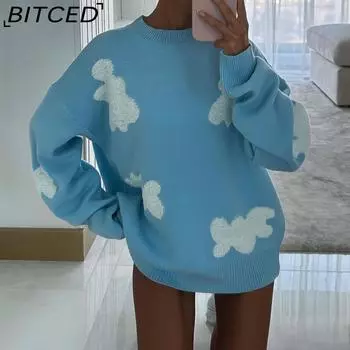 BITCED модный женский осенне-зимний свободный жаккардовый свитер с длинными рукавами и круглым вырезом, трикотаж для женщин S небесно-голубой