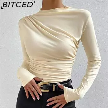BITCED Однотонная рубашка с узким низом, футболка с длинным рукавом и узором «баска», женские топы XS абрикосовый