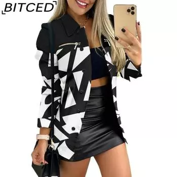 BITCED Осень-зима, длинный рукав, молния, цветной блок, принтованный лацкан, маленькая куртка для женщин S хаки