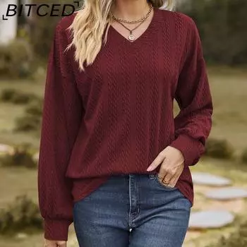 BITCED Осень/Зима Однотонная Свободная Повседневная Футболка с Длинным Рукавом и V-образным Вырезом для Женщин S чёрный
