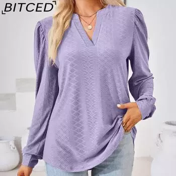 BITCED Осень/зима однотонная жаккардовая футболка с v-образным вырезом и длинными рукавами для женщин S тёмно-синий