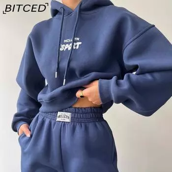 BITCED Осень/Зима Повседневный флисовый комплект с капюшоном и длинными рукавами с принтом